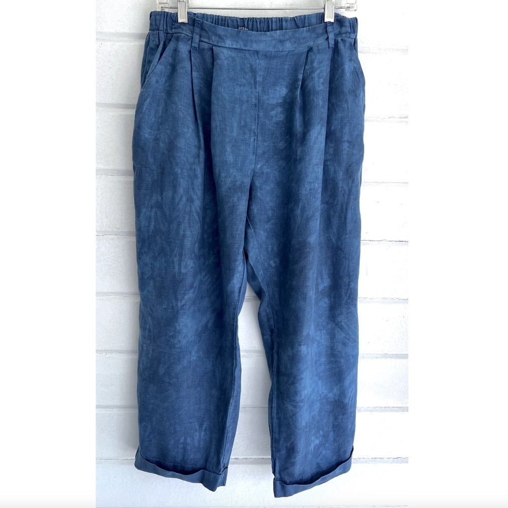 MODERN SHIBORI Indigo Dyed 100% Organic Linen Pleated Cropped Pants - M